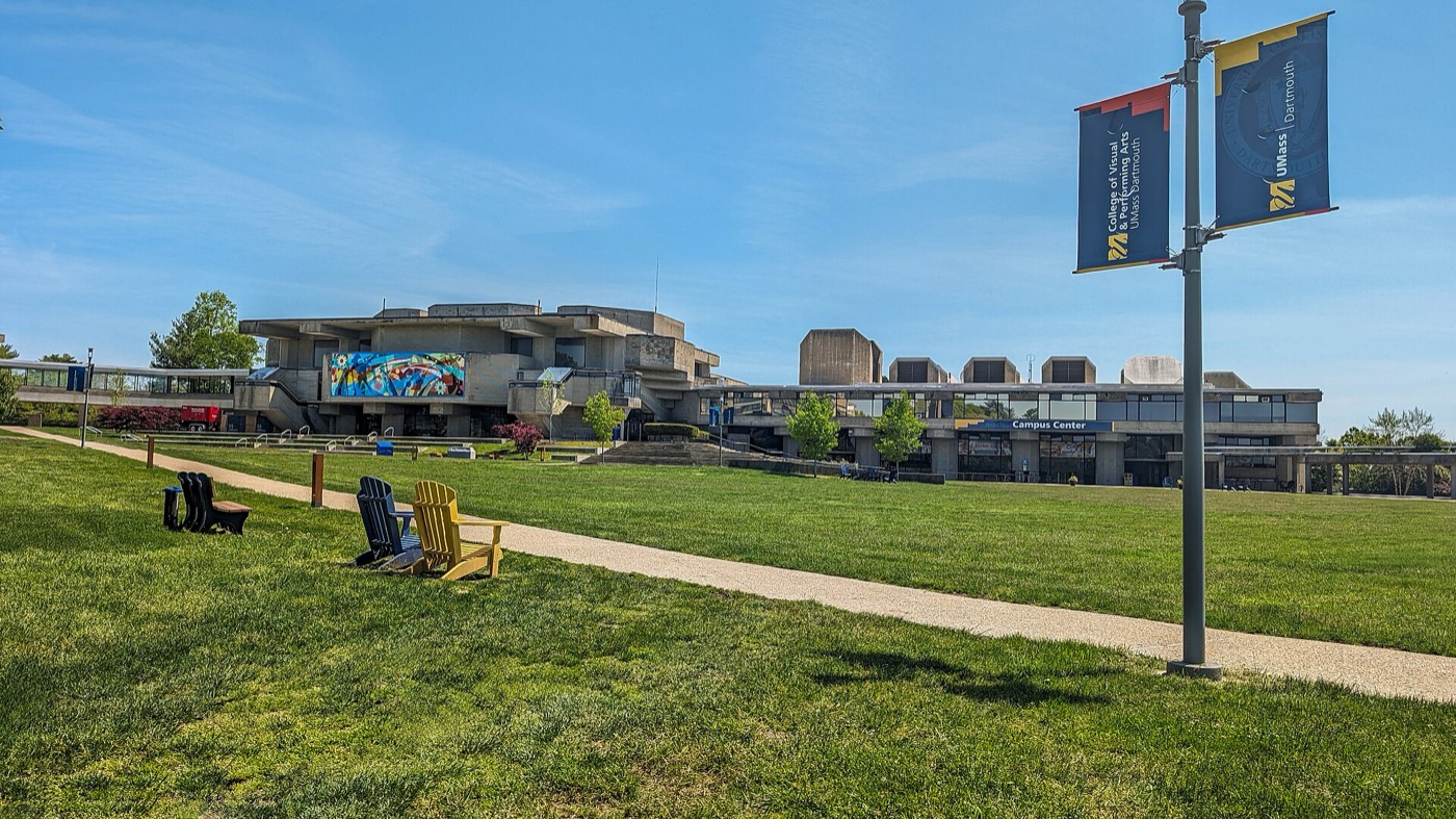 The campus quad at UMass Dartmouth, with its concrete campus center